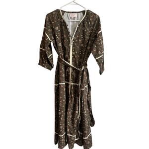 Hampton House Cotton Long Dress Brown Green Floral Belted Cottage Core Sz S